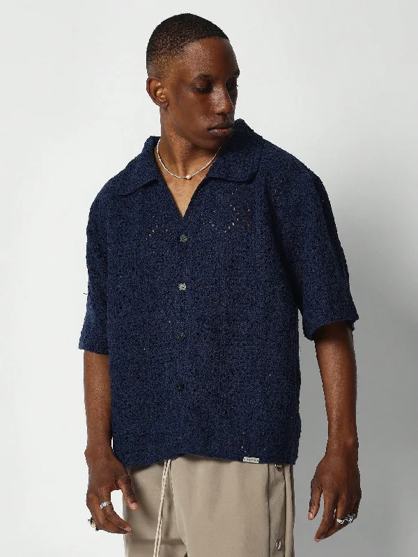 Boxy Fit Button Through Crochet Knit Shirt
